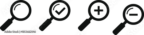 Black magnifying glass icons, search zoom symbol set, UI vector graphics, verification silhouette design, editable tool emblem for apps, infographics