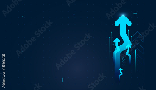 Futuristic gradients on a dark grid background evoke digital finance dashboards. Thin vertical lines behind the arrows hint at stock charts and revenue spikes up