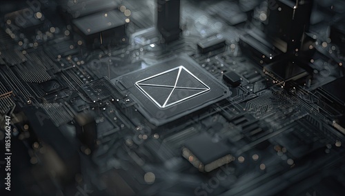 Close-up of a futuristic electronic circuit board with a glowing geometric symbol