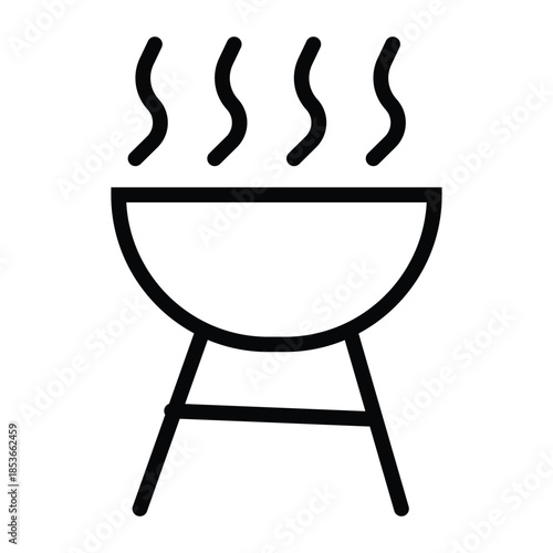 Black BBQ Grill Icon with Smoke on White Background