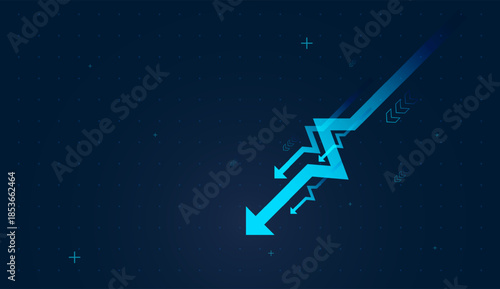 Multiple arrows indicate diverse down revenue streams falling together. The leading pointing down arrows at the top signifies market leadership and ambition