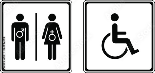 Black restroom and accessibility icons, gender and wheelchair symbol set, facility signage vector graphics, editable silhouette design for UI, apps, infographics, public spaces