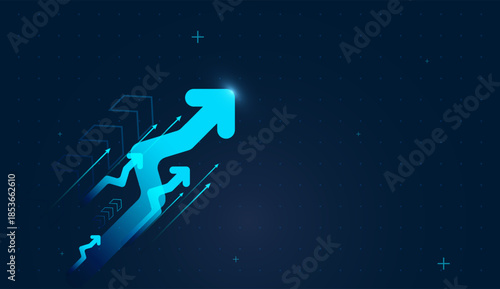 The dynamic multiple neon arrows rising up together, representing diversified growth business success concept. used in upward arrows up trend vector