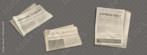 Newspaper mockup set with folded crumpled paper templates in realistic style. Various vector news layout designs with article columns, text blocks and image placeholders for press media publication.