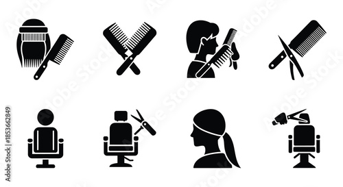 Black silhouette icons representing barber tools haircuts and hair styling services