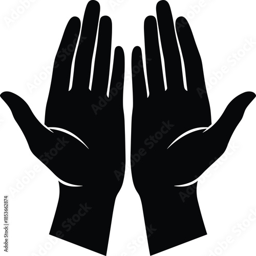 Black silhouette of two open human hands, prayer gesture, offering symbol, peace sign, spiritual icon, minimal vector design, cultural meaning