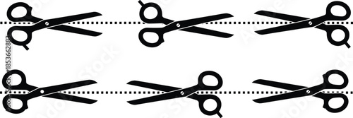 Black silhouette vector icons of scissors in various open and closed positions, ideal for hairdressing, tailoring, or crafting themes, cleanly isolated on a white background with dotted cutting lines.