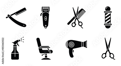 Black silhouette icons representing barber tools haircuts and hair styling services