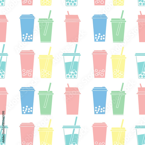 Seamless Pattern of Colorful Bubble Tea Drinks in Various Flavors. Vector Illustrations. EPS Editable