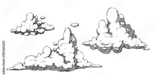 Vintage cloud sketch set in hand drawn line style - fluffy sky formations with crosshatch shading texture and retro engraving aesthetic. Vector illustrations for weather graphics backgrounds.