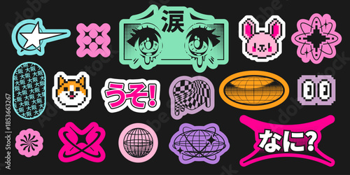 Y2k anime sticker collection with pixel art characters, geometric shapes and Japanese text elements in vibrant colors. Retro graphic icons of cute animals and stars, globes for nostalgic design.