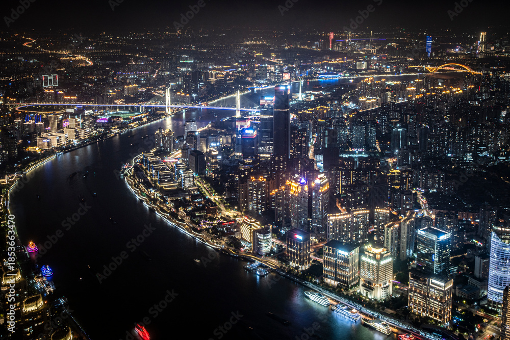 Fototapeta premium HIgh angle view of Shanghai skyline by Pudong river