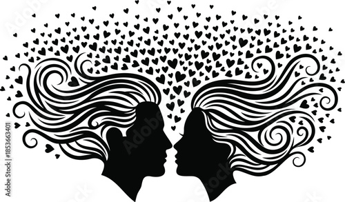 Men faces with long hair and hearts around them in love and relationship concept Vector illustration