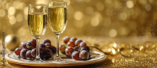 Champagne glasses with grapes and a festive background