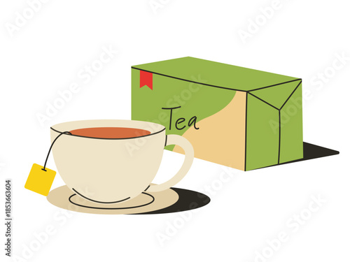 Glass cup with tea bag inside and tea package hand drawn style