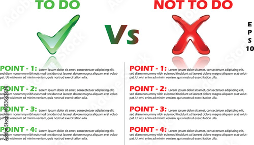 To Do vs Not To Do Comparison Infographic. Business Rules Template with Green Check Mark and Red X Cross Icons. 4 Point List for Best Practices, Dos and Don'ts, and Strategy. EPS 10 Vector