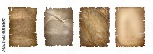 Worn vintage paper textures with torn edges and antique grunge surface. Old parchment sheets with rough borders for retro design. Aged paper backgrounds with shabby beige and brown tones for scrapbook