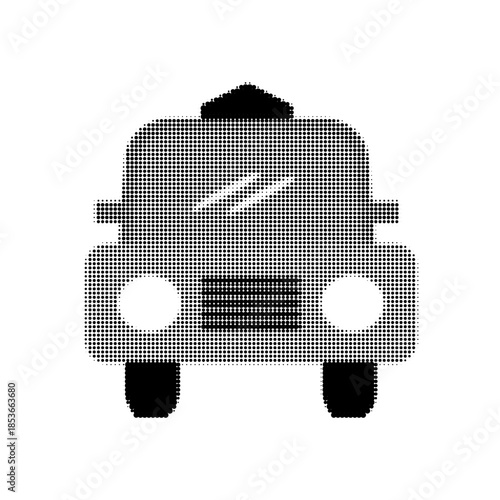 Minimal black halftone illustration of a taxi car icon viewed from the front. Urban transportation symbol for city travel, mobility service, navigation app, and modern graphic design.