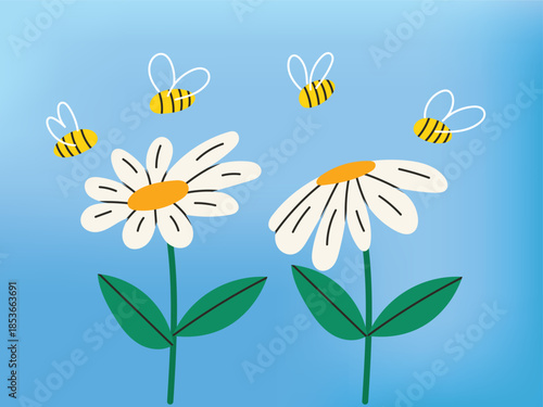 Bee and daisies cute doodle, aisy flower on blue background