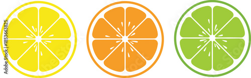Citrus fruit slice icon set, stylized lemon, orange, and lime vector illustration, juicy segment design, colorful food concept for summer, nutrition, UI design, stock content, creative media layout.