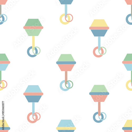 Seamless Pattern of Colorful Vintage Baby Rattles on White Background. Vector Illustrations. EPS Editable