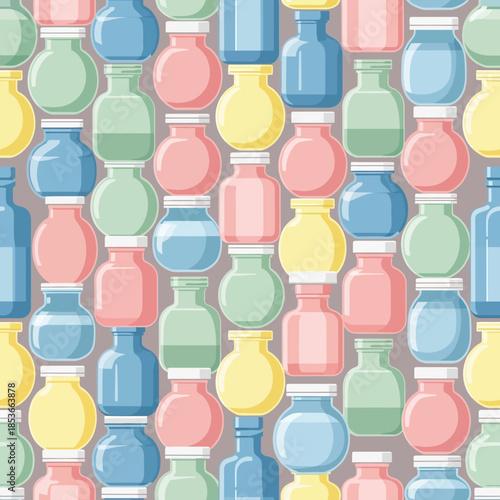 Seamless Pattern of Colorful Vintage Glass Jars and Bottles. Vector Illustrations. EPS Editable