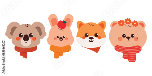 set of cute hand drawing cartoon animals with scarf for winter sticker