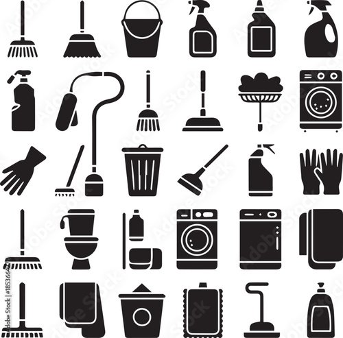 Cleaning and Household Solid Icon Set – Hygiene, уборка, Home Care Symbols