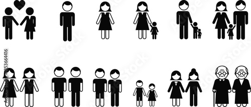 Family icon vector set, black and white illustrations of diverse relationships, inclusive symbols, perfect for social design, parenting visuals, generational graphics, and community-themed