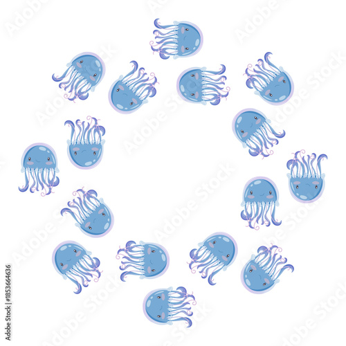 Round sea frame with cute blue jellyfish arranged in two rows for kids design invitations, posters, prints, nursery decor, stationery packaging and ocean themed projects