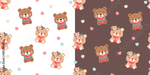 Double seamless pattern set with cute teddy bears, hearts and pastel elements on light and dark backgrounds, for baby textiles, gift, wrap stationery, nursery decor and romantic design projects