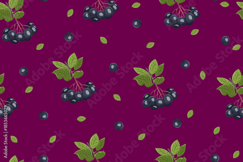 Botanical seamless pattern with black chokeberry branch with ripe dark berries and green leaves. Vector aronia backgound for labels, packaging, natural products and autumn themes.
