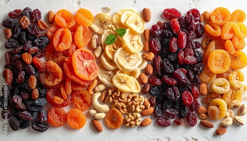 Assorted nuts and dried fruits in white bowls on clean background, healthy snack concept, balanced arrangement, soft studio lighting, detailed food still life photography
