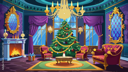 Luxury living room decorated for Christmas with grand tree, gold ornaments, chandelier lighting, and elegant festive design