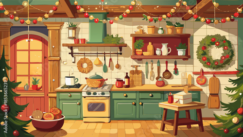 Rustic kitchen decorated for Christmas with garlands, wreaths, pine branches, warm lighting, and holiday baking atmosphere