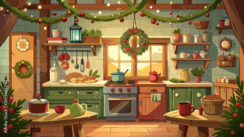 Rustic kitchen decorated for Christmas with garlands, wreaths, pine branches, warm lighting, and holiday baking atmosphere