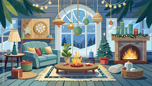 Scandinavian-style living room with Christmas decor, natural materials, soft textures, candles, and a peaceful winter atmosphere