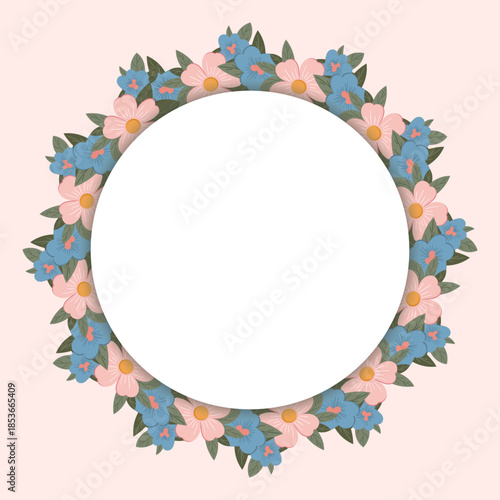 Round floral frame with blue and pink flowers for wedding invitations, greeting cards, stationery, packaging, posters, wall art and decorative design projects
