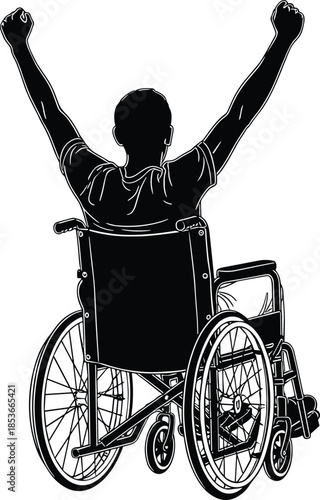 Black silhouette vector illustration of a person sitting in a wheelchair with arms raised up in victory isolated on white background