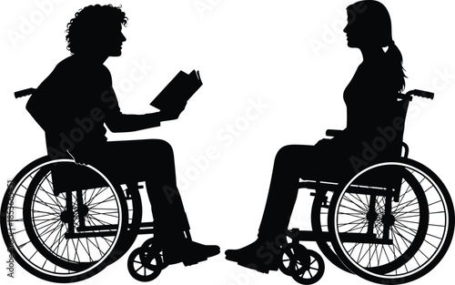 Black vector silhouette of a disabled man holding a book talking to a woman in wheelchair isolated on white background