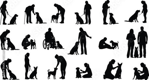 Large set of people interacting with dogs silhouettes showing training walking and playing vector illustration isolated on white background