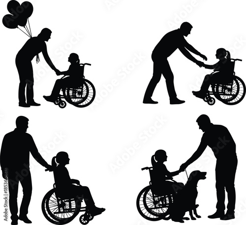 Set of family silhouettes helping disabled child in wheelchair including service dog and balloons vector illustration isolated on white