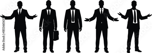 Set of five professional businessman silhouettes in suits standing with briefcase and open arms vector illustration isolated on white