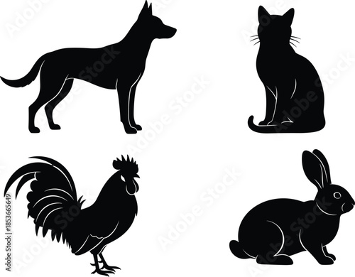 Set of four black vector animal silhouettes featuring a standing dog, sitting cat, crowing rooster, and sitting rabbit isolated on a white background