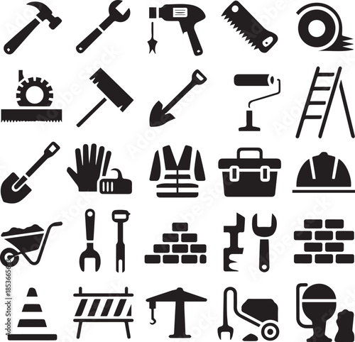 Construction and Tools Silhouette Icons Set – Building, Industrial and Work Equipment Symbols