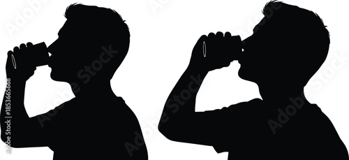 Silhouette of young man drinking beverage from can or cup side profile view vector illustration isolated on white background