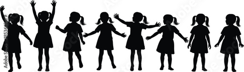 Set of eight happy little girl silhouettes standing and raising hands vector illustration isolated on white background for design