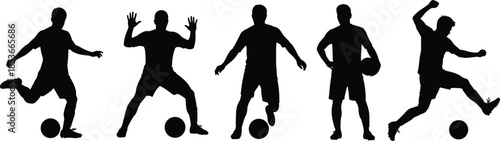 Set of five soccer player silhouettes showing goalkeeper and kicking action vector illustration isolated on white background for sports design