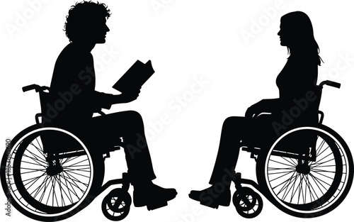 Vector black silhouette of disabled man and woman in wheelchairs reading a book together isolated on white background
