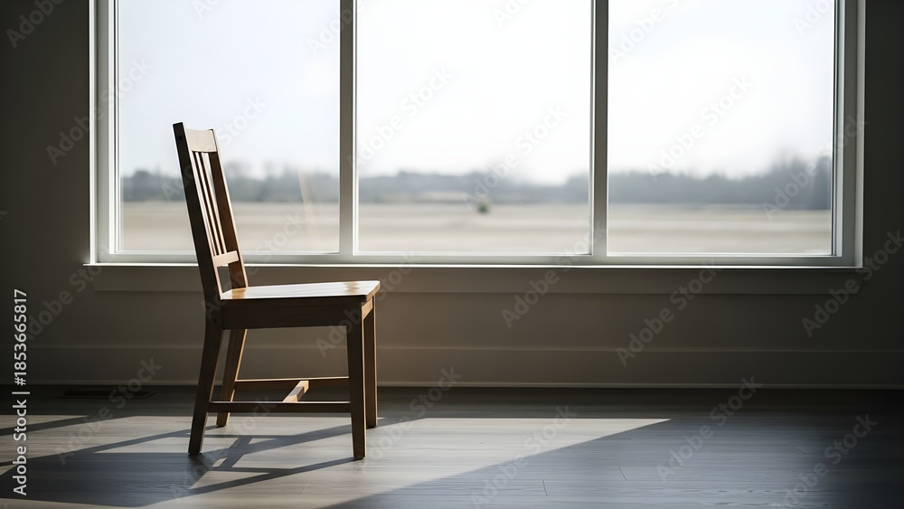 Fototapeta premium Empty chair by window symbolizing silence and waiting